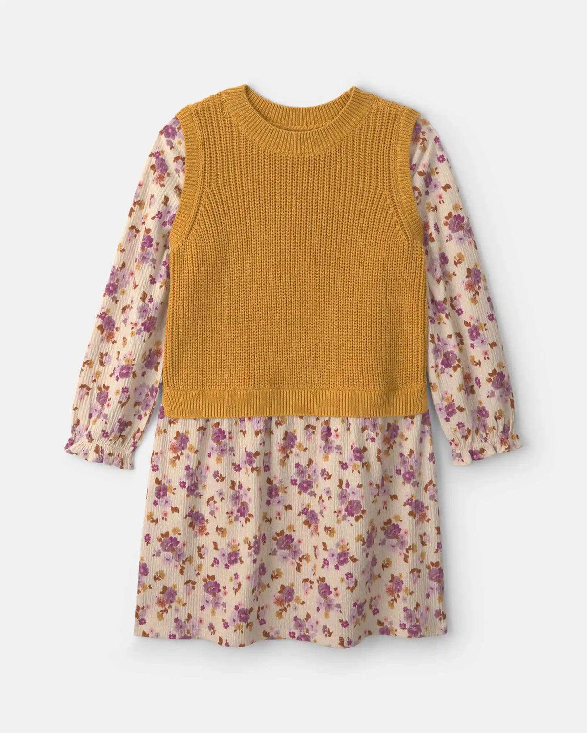 Girls Floral Long-Sleeve Dress - Yellow/Cream