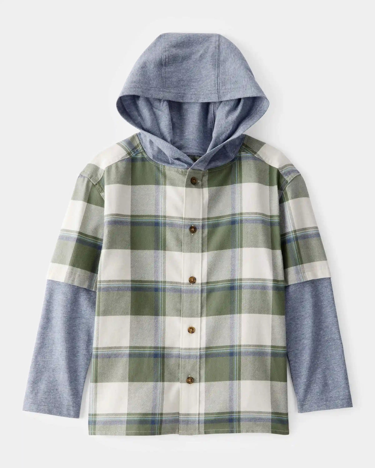 Boys Plaid Layered-Look Button-Down Hooded Tee - Green