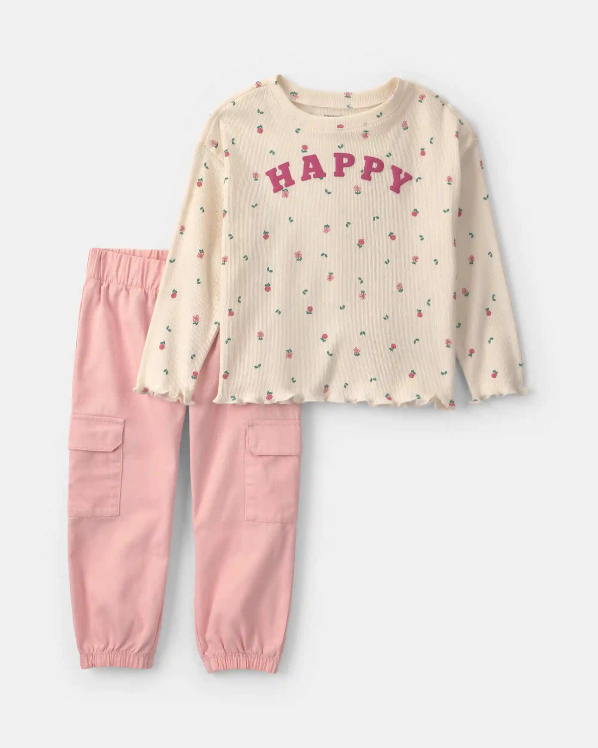Toddler Girl 2-Piece 'Happy' Striped Twill Long-Sleeve Top & Pant Set - Pink/Cream