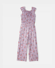 Girls Floral Smocked Jumpsuit - Purple