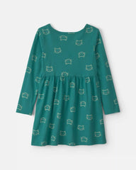 Girls Cat Long-Sleeve Dress - Green