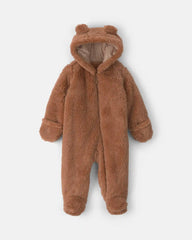 Baby Bear Teddy Fleece Long-Sleeve Jumpsuit - Brown