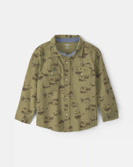 Boys Western Canvas Button-Down Shirt - Olive Green