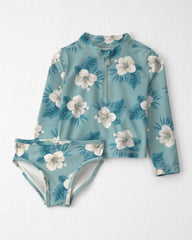 Toddler Girl 2-Piece Recycled Rashguard Swimsuit Set in in Blue Hibiscus