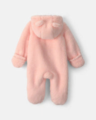 Baby Girl Bear Teddy Fleece Long-Sleeve Jumpsuit - Pink