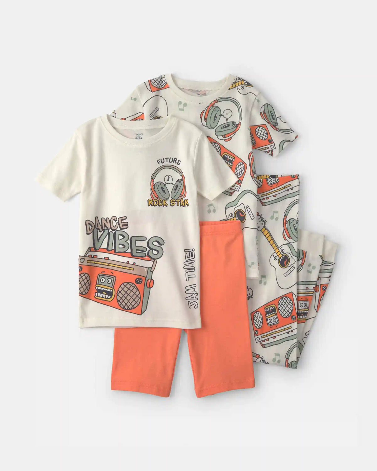 Boys 'Dance Vibes' 100% Cotton 4-Piece Pajama Set - Ivory/Orange