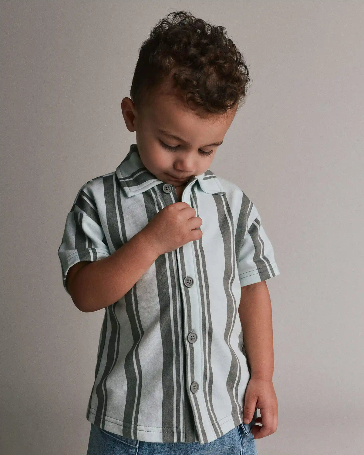Toddler Boy Button-Down Short-Sleeve Shirt in Stripes - Light Blue/Sage