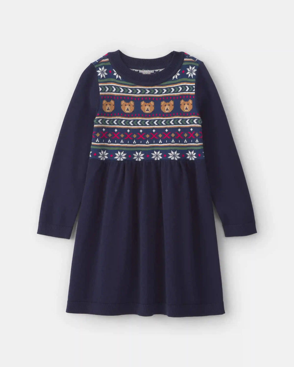 Toddler Girl Bear Fair Isle Long-Sleeve Dress - Navy Blue