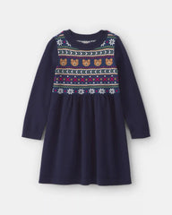 Toddler Girl Bear Fair Isle Long-Sleeve Dress - Navy Blue