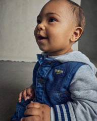 Baby Boy Varsity Hooded Denim Jacket - Indigo/Grey