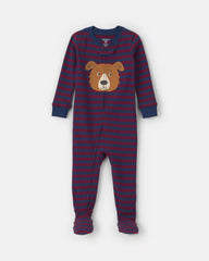 Baby Boy 1-Piece Dog Striped 2-Way Zip 100% Cotton Snug Fit Footed Pajama - Burgundy/Blue