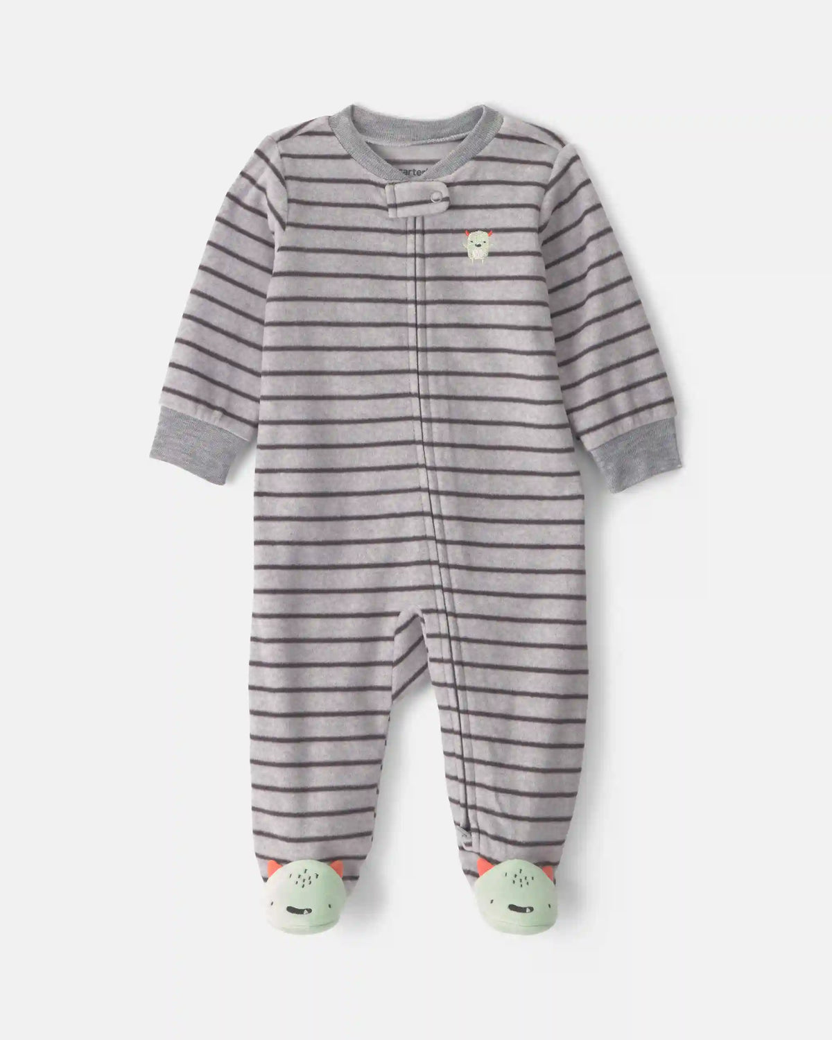 Baby Boy Monster Striped Fleece 2-Way Zip Sleep & Play Pajamas - Grey