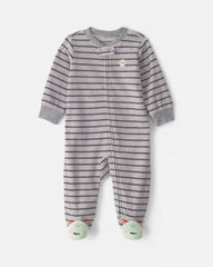 Baby Boy Monster Striped Fleece 2-Way Zip Sleep & Play Pajamas - Grey