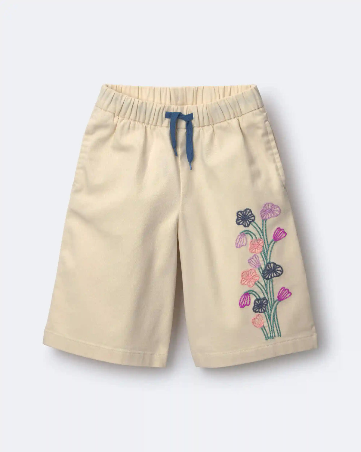 Toddler Girl Embroidered Wide-Leg Pants with Flowers - Cream